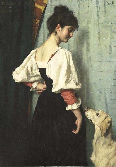 Therese Schwartze Young Italian woman with a dog called Puck. oil painting image